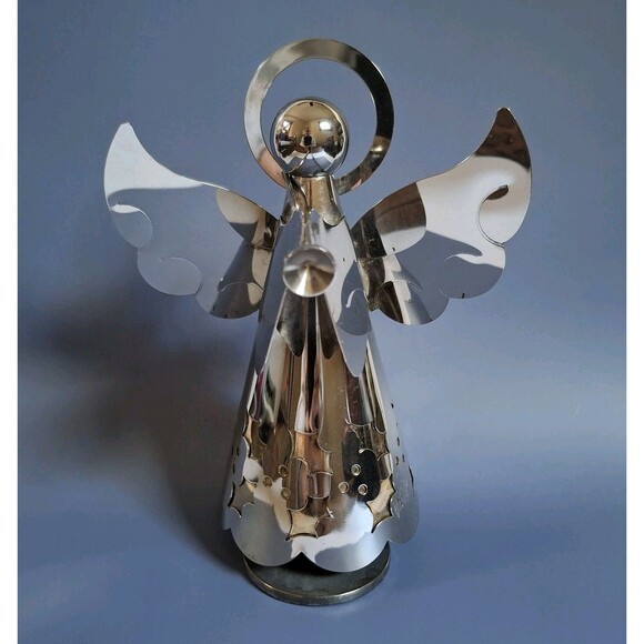 Silver Plated Wind Up Music Box Christmas Angel Plays Silent Night 7" Holiday - Picture 3 of 5